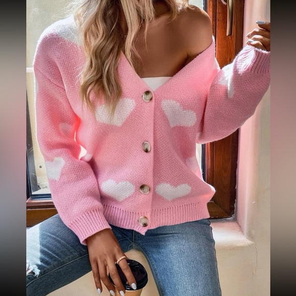 Cozy hearts print button through cardigan - Picture 6 of 6